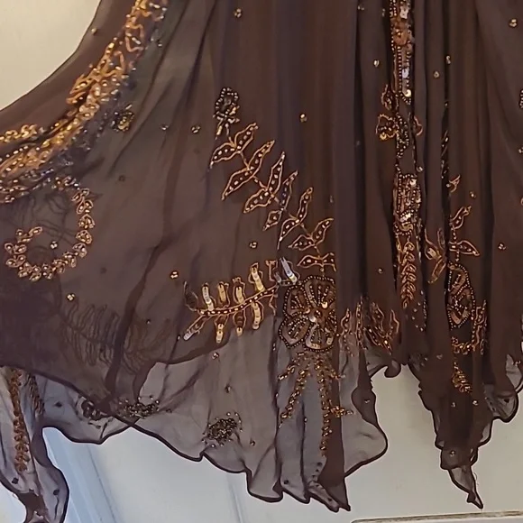 EUC VTG Marina 100% Silk Beaded and Sequined Chocolate Bown Lined Dress - Picture 6 of 17